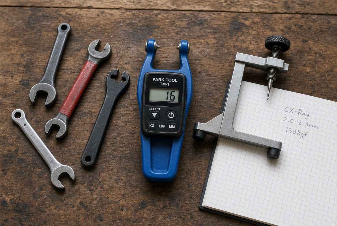 Tension meter and spoke wrenches on bench